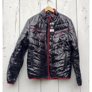 Black Men's Puffer Jacket with Red Trim